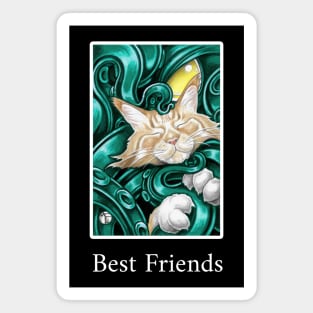 Cthulhu and Ginger Cat Friend - Best Friends - White Outlined Version Magnet